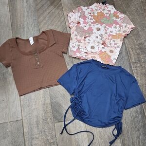 Trendy Crop Top Trio - Brown, Floral, and Blue - Size Sm/med